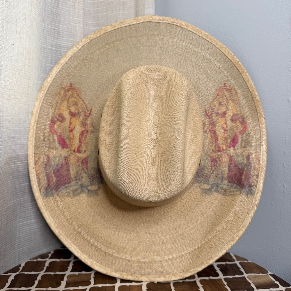 Stetson Straw Cowboy Hat Western Horse Graphic Print Natural Eyelets Medium 23"